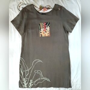 LISA RYAN Hawaii "Art To Wear" Floral Painting, Taupe Linen Dress